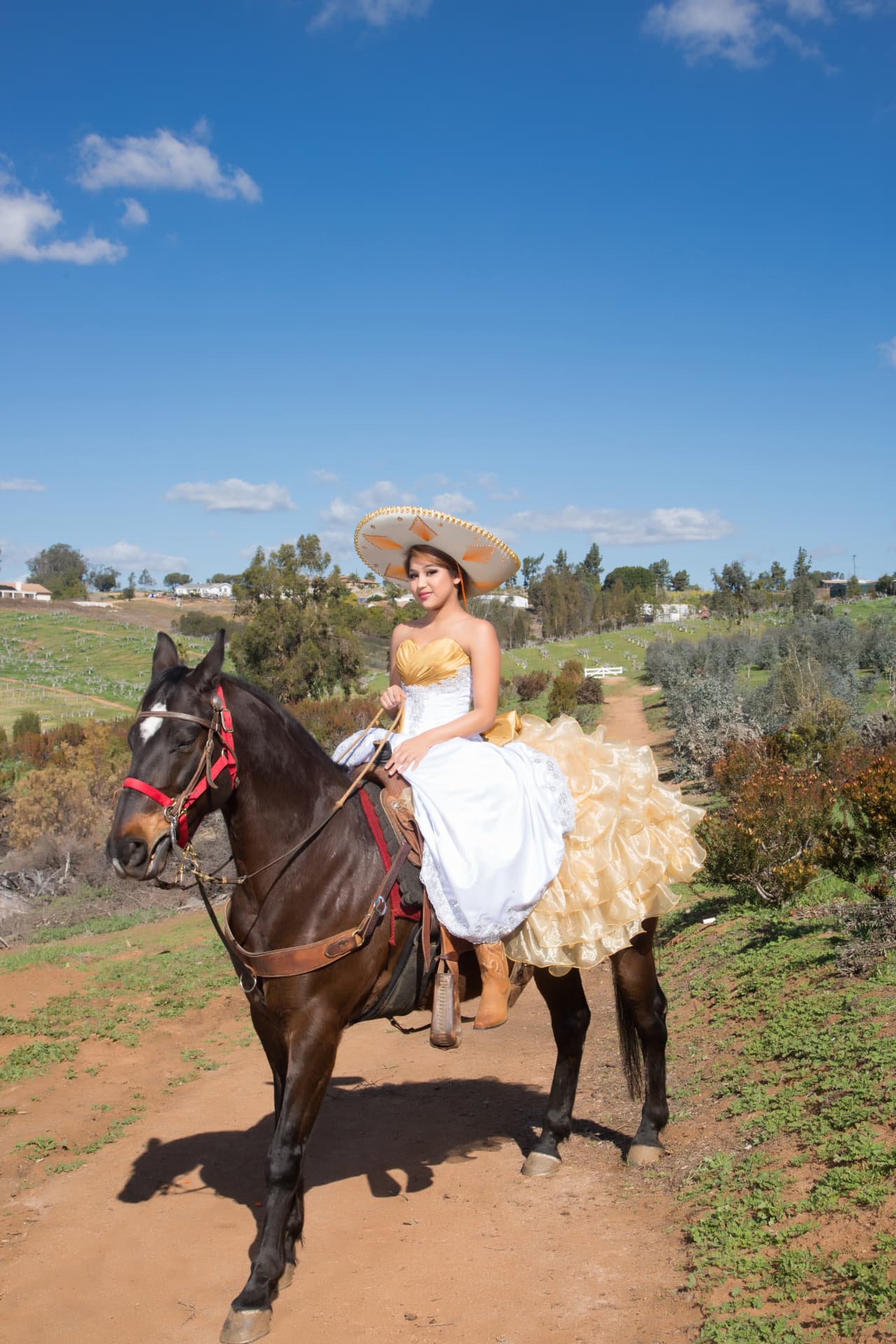 Quinceañera in a gold and white gown and charro sombrero riding a dark horse on a country trail