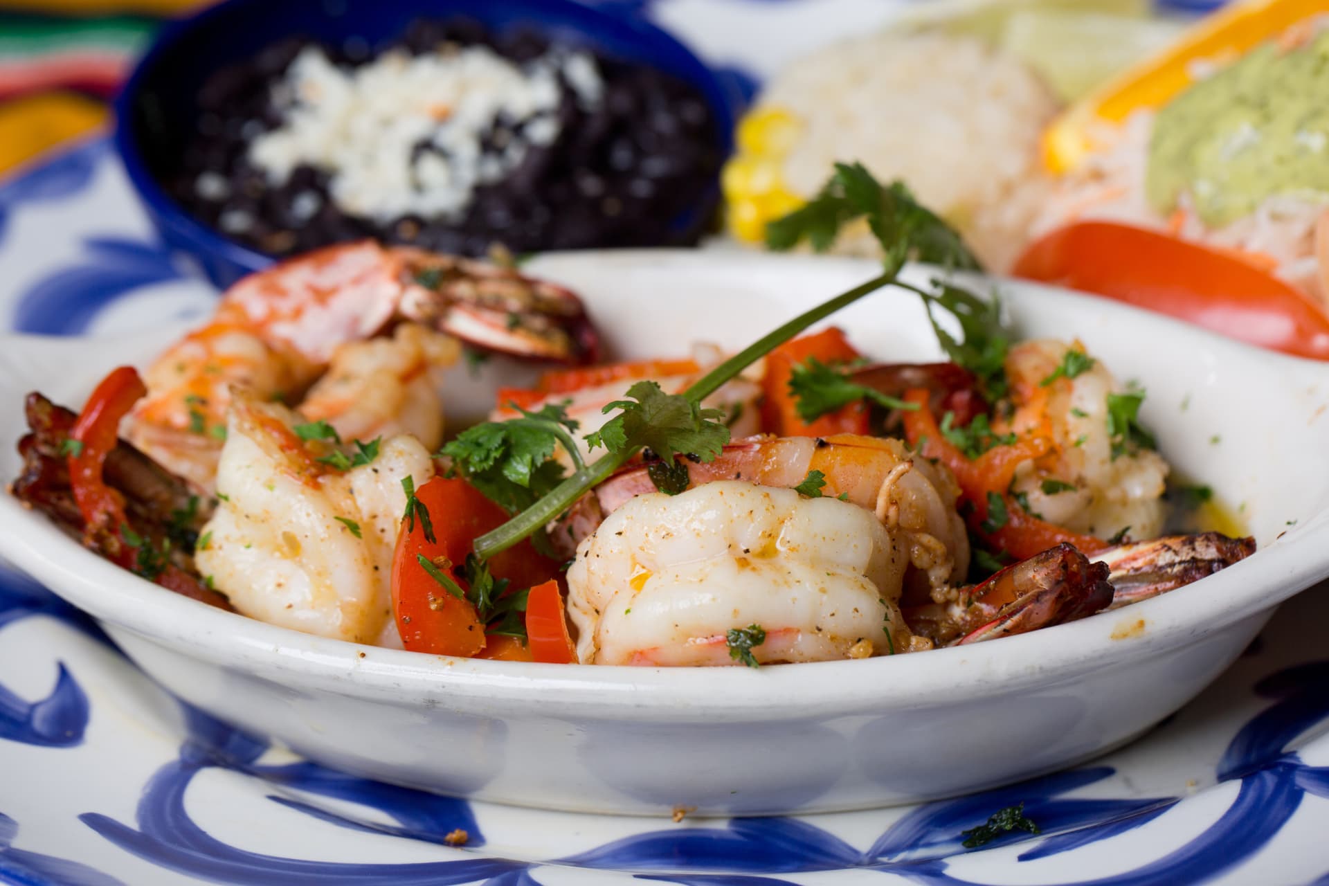 Garlic shrimp with tomatoes and cilantro served with rice, beans, and guacamole