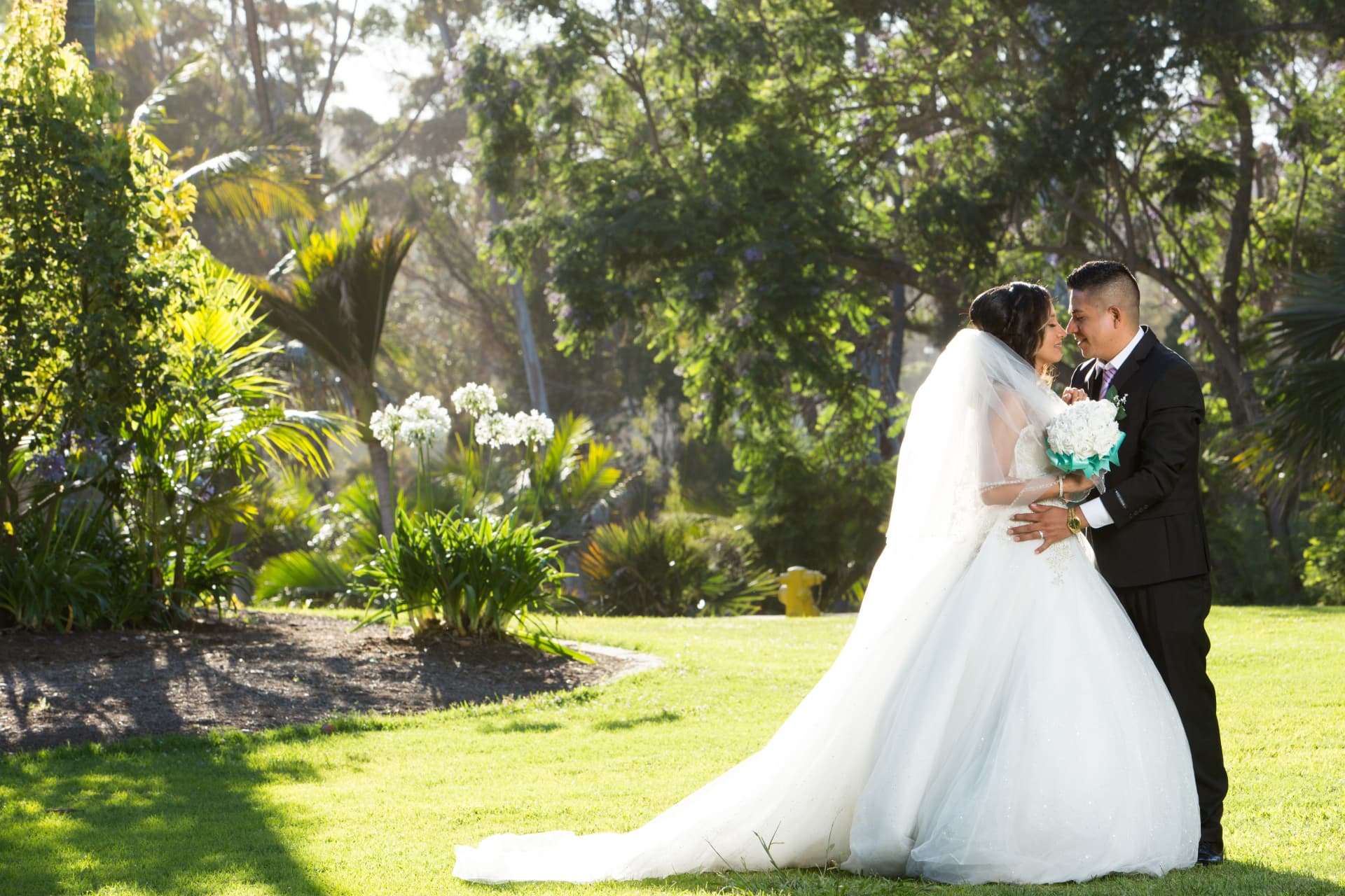Bride and groom embracing in a lush garden illuminated by warm sunlight