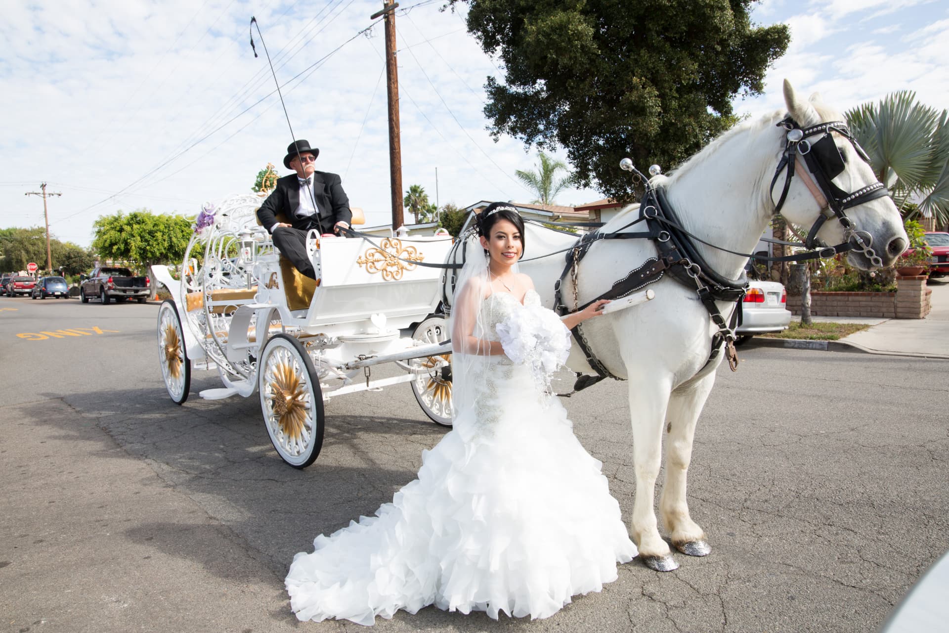 Bride standing beside a white horse and ornate wedding carriage