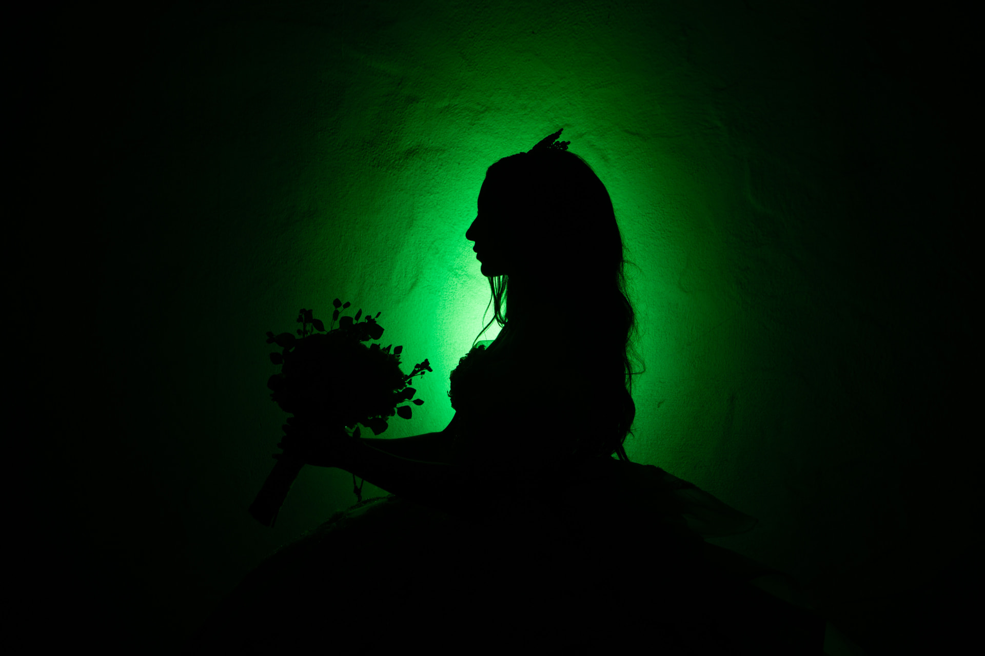 Quinceañera silhouette cradling her bouquet against a green-lit wall