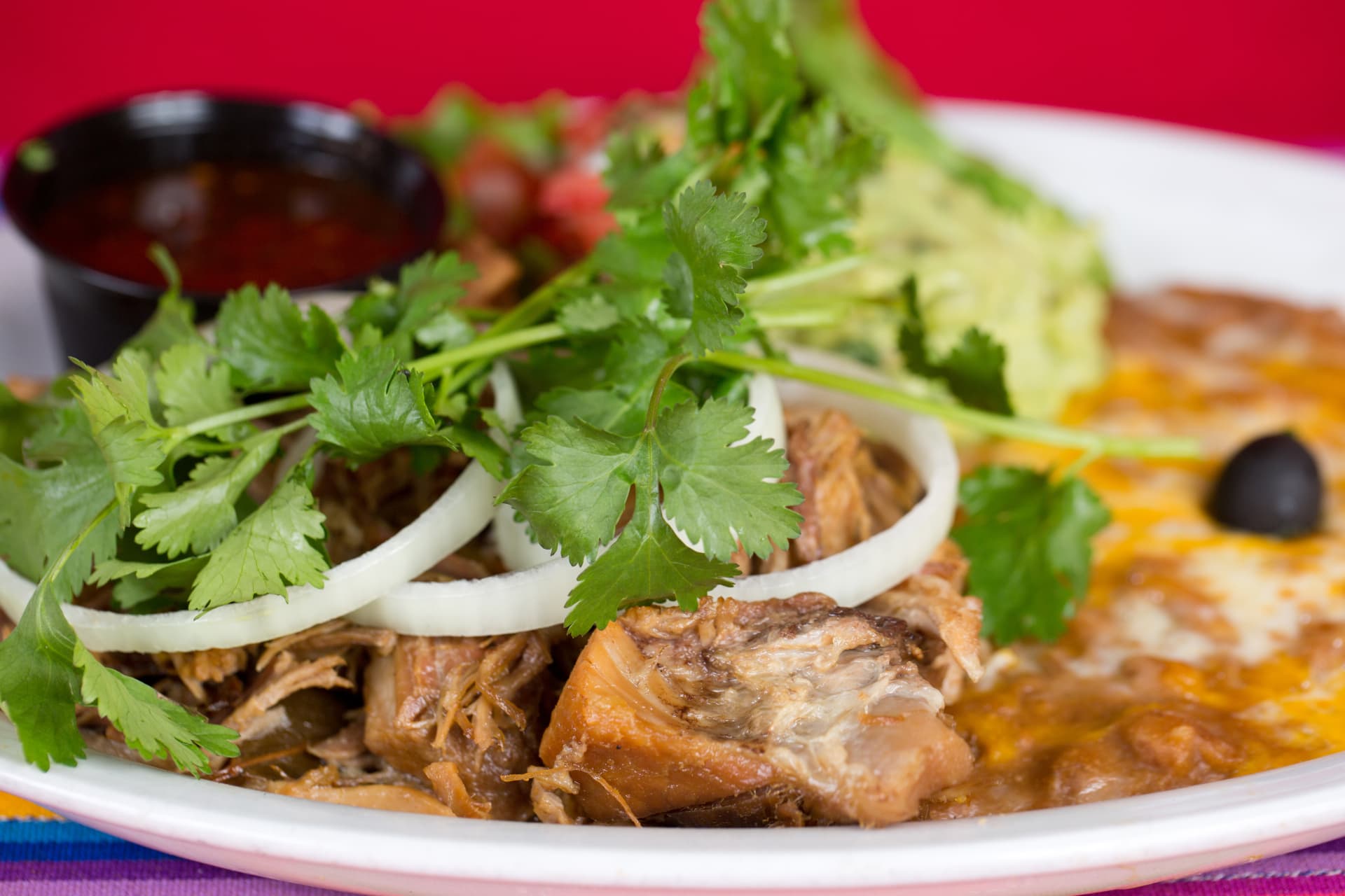Carnitas garnished with fresh cilantro and onion beside rice, beans, and guacamole